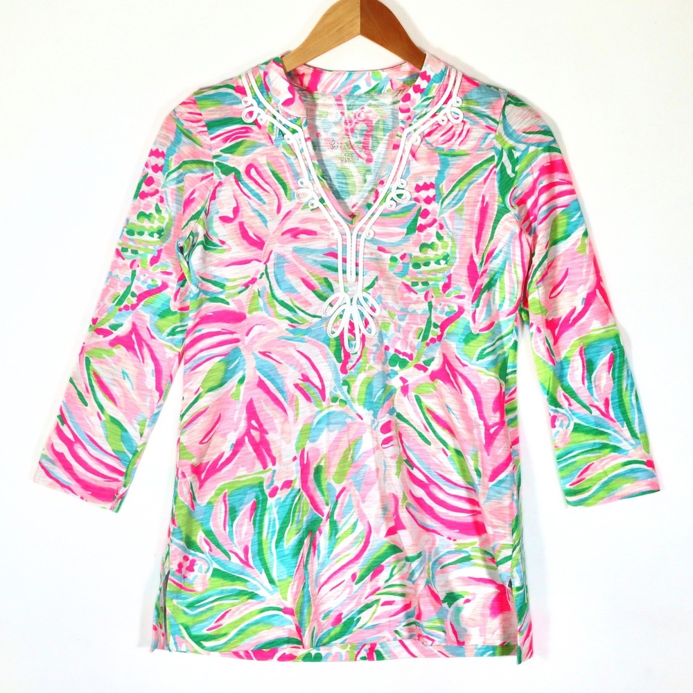 Lilly Pulitzer Popover Women XXS Pink Tropical Soutache Slub Jersey Resort Top